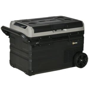 40 liter bilkøler med led-belysning, kompressor, køleboks til bil med håndtag og transporthjul, 12/24v dc og 110-240v ac, grå + sort