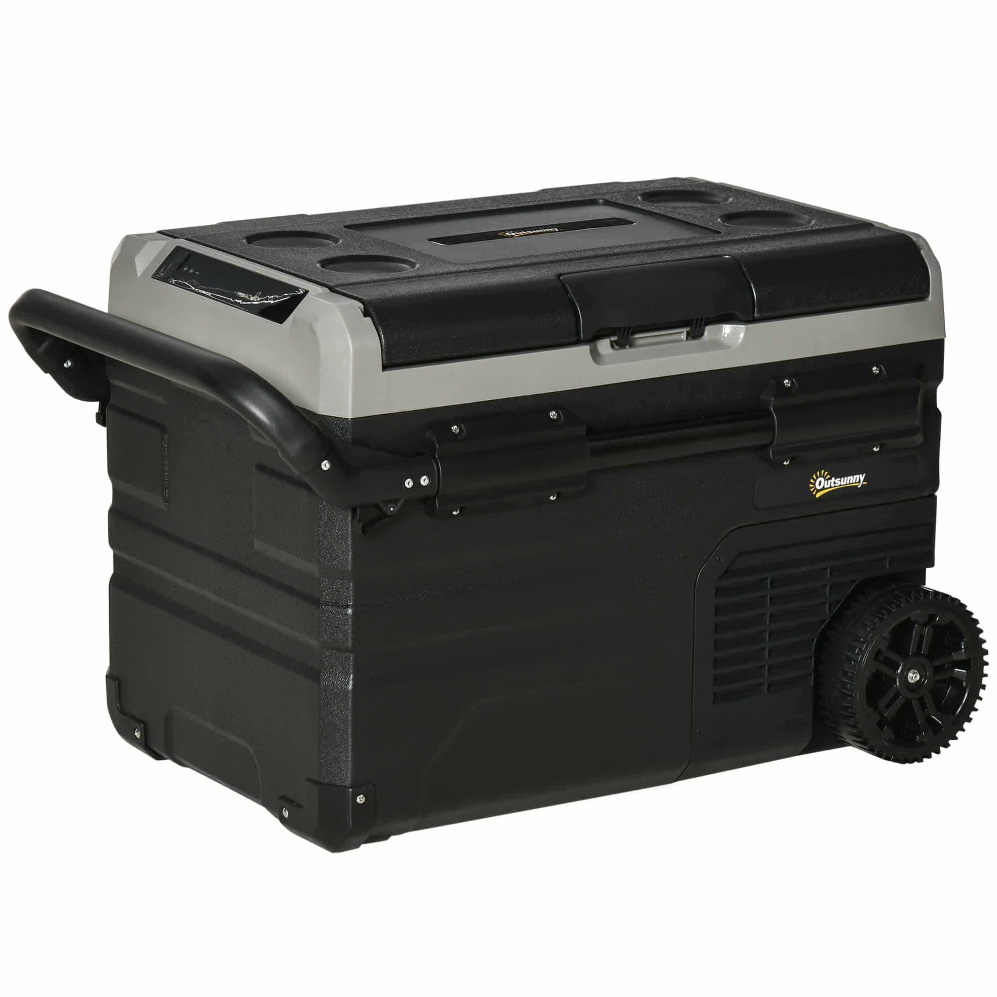 40 liter bilkøler med led-belysning, kompressor, køleboks til bil med håndtag og transporthjul, 12/24v dc og 110-240v ac, grå + sort